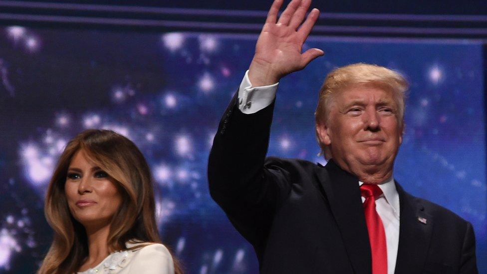 Republican presidential candidate Donald Trump waves next to his wife Melania Trump after accepting the party nomination on the last day of the Republican National Convention on 21 July,