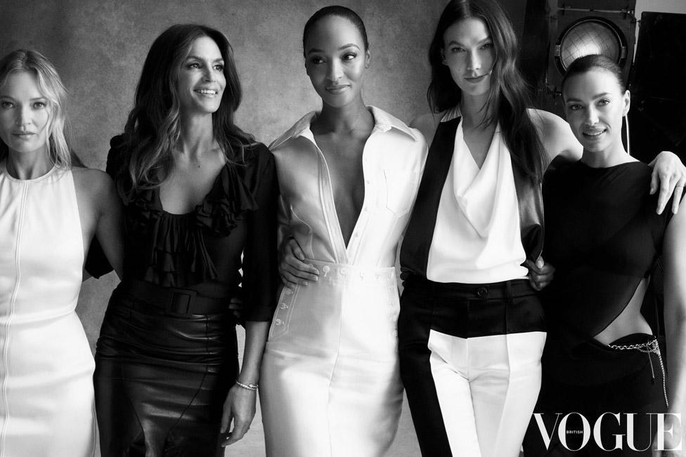 Left-right: Kate Moss, Cindy Crawford, Jourdan Dunn, Karlie Kloss and Irina Shayk