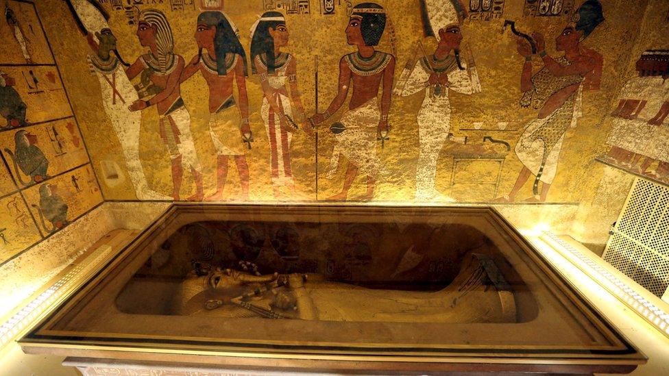 The golden sarcophagus of King Tutankhamun in his burial chamber is seen in the Valley of the Kings, in Luxor, Egypt,