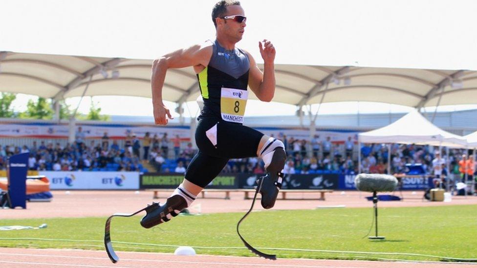 Oscar Pistorius of South Africa on his way to victory in the men's T42/43/44 200m during day one of the BT Paralympic World Cup at Sportcity on 22 May 2012 in Manchester, England