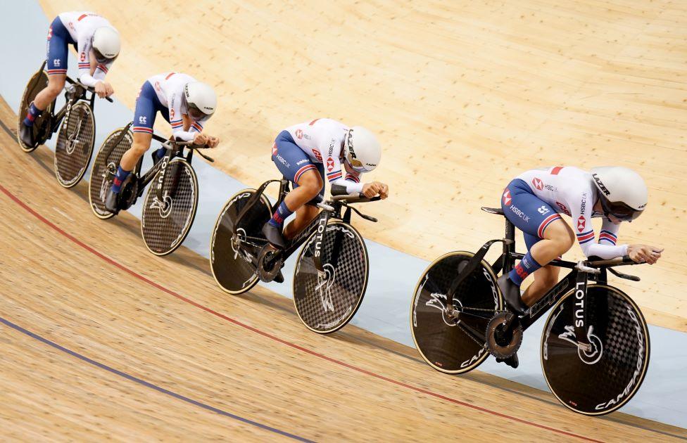 Great Britain's Laura Kenny, Neah Evans, Elinor Barker and Katie Archibald in action during the Women's Team Pursuit Qualifying during day 1 of the Tissot UCI Track Nations Cup 2022 at the Sir Chris Hoy Velodrome