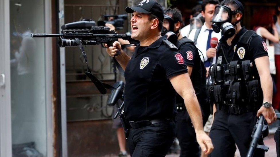 Riot police use rubber pellets to disperse LGBT rights activists as they try to gather for a pride parade banned by Istanbul authorities 26/06/2016.