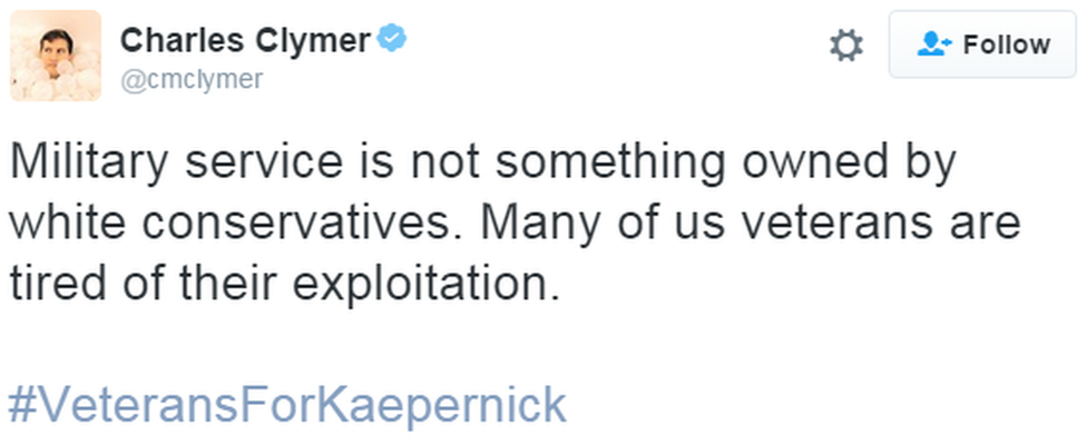 A tweet reads: "Military service is not something owned by white conservatives. Many of us veterans are tired of their exploitation."