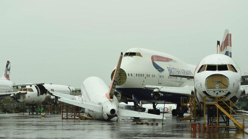 Damage after a plane fell of its stand at ECube at Aerospace Business Park in St Athan, Barry