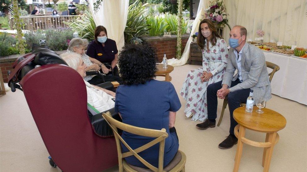 The Duke and Duchess of Cambridge speak with resident Margaret Stocks during their visit to Shire Hall Care Home in Cardiff, South Wales