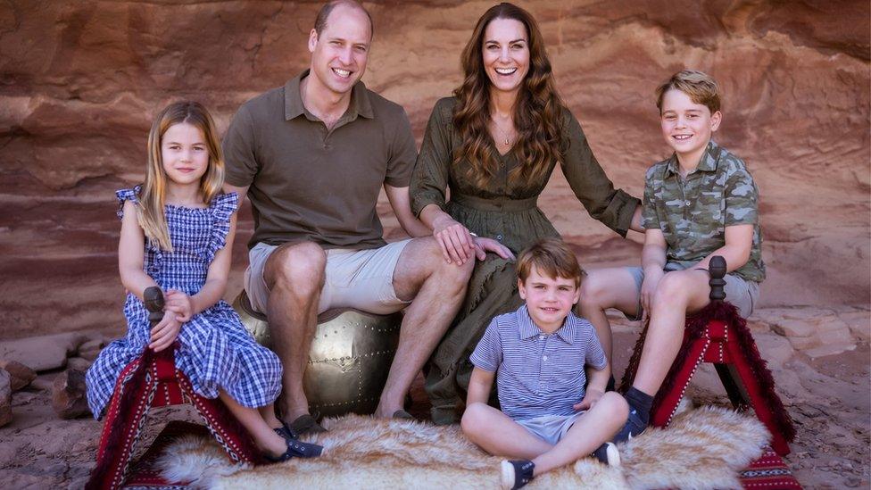 Photograph from Christmas card issued by the Duke and Duchess of Cambridge showing them with their three children Prince George (right), Princess Charlotte and Prince Louis in Jordan earlier this year