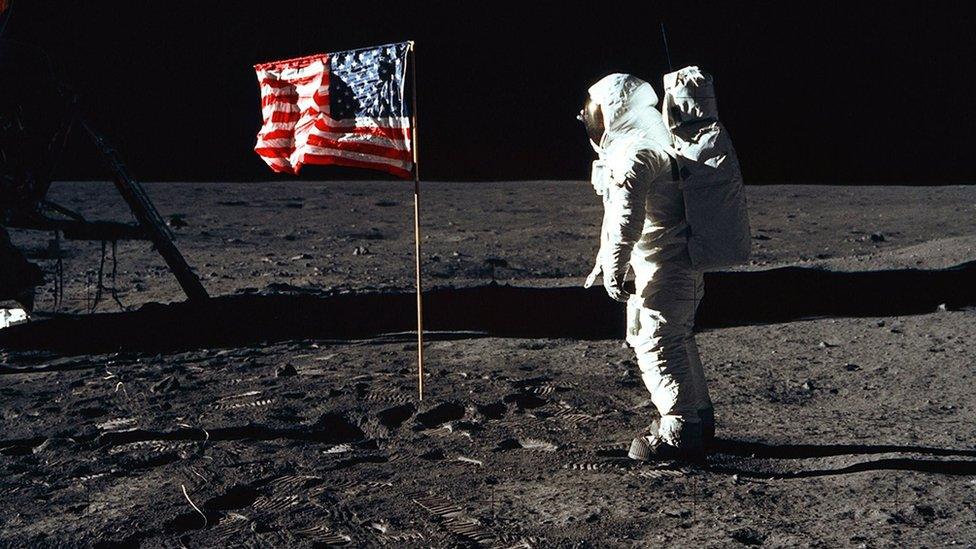 Shows American Astronaut Edwin Aldrin on Lunar Surface during the Apollo 11 lunar landing mission on 20 July 1969