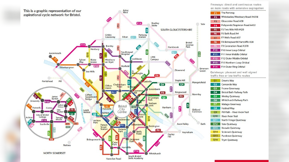 A map of an "aspirational cycle network" for Bristol by campaigners