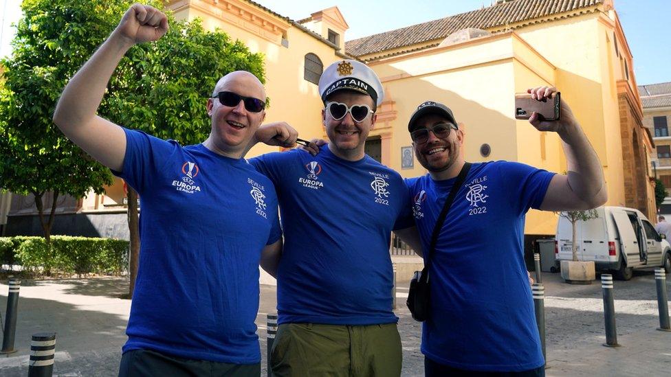 Rangers fans (left-right) Cameron Fraser, Ross Fraser and Jordan Reid ahead of Wednesday’s UEFA Europa League Final between Eintracht Frankfurt and Rangers