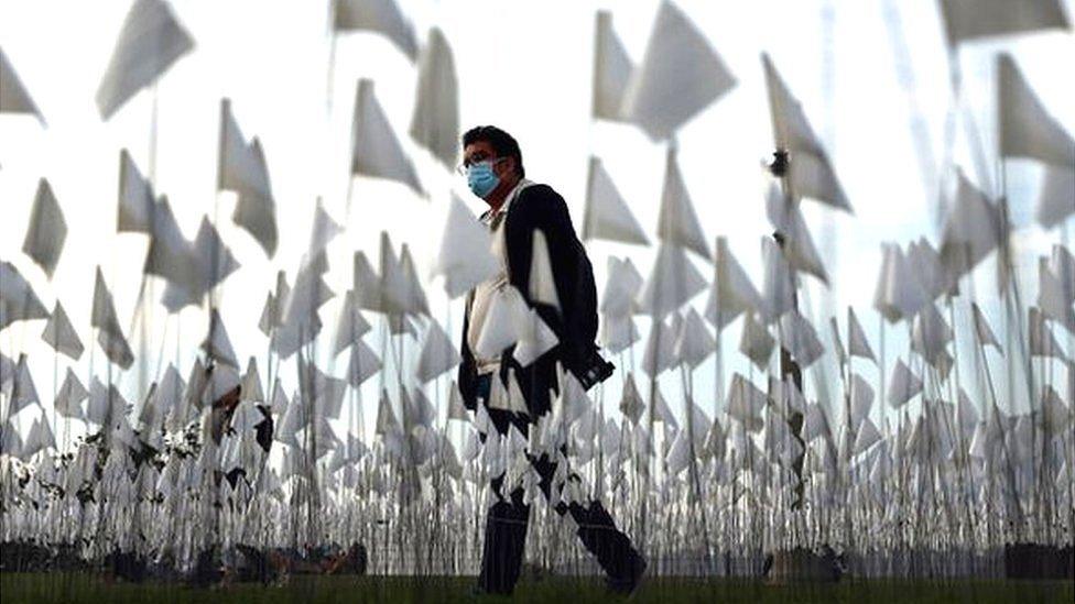 A man in a mask walks among flags representing those that died from Covid