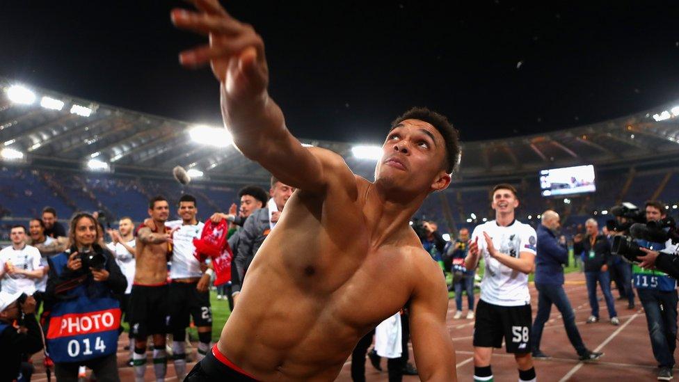 Trent Alexander-Arnold celebrates as Liverpool qualify for the Champions League Final