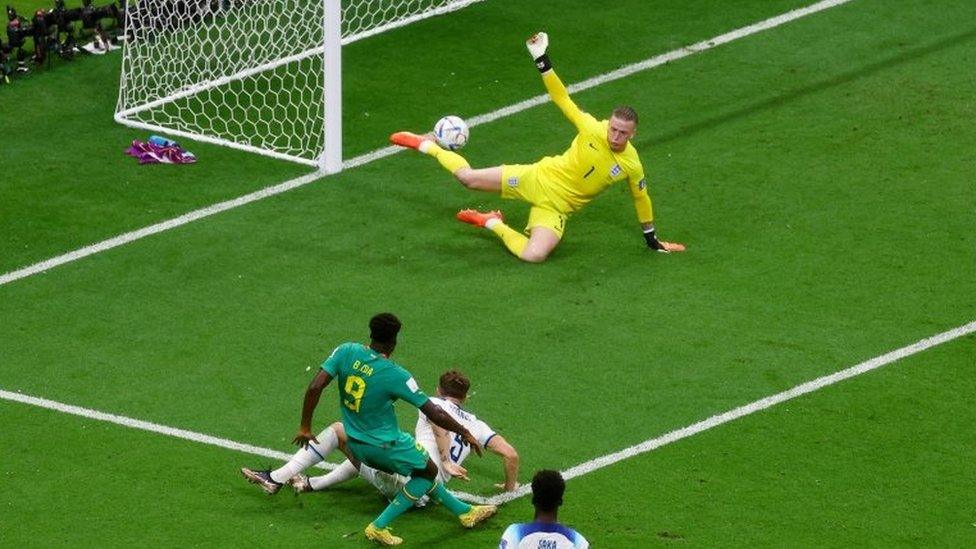 Jordan Pickford makes a save from Boulaye Dia