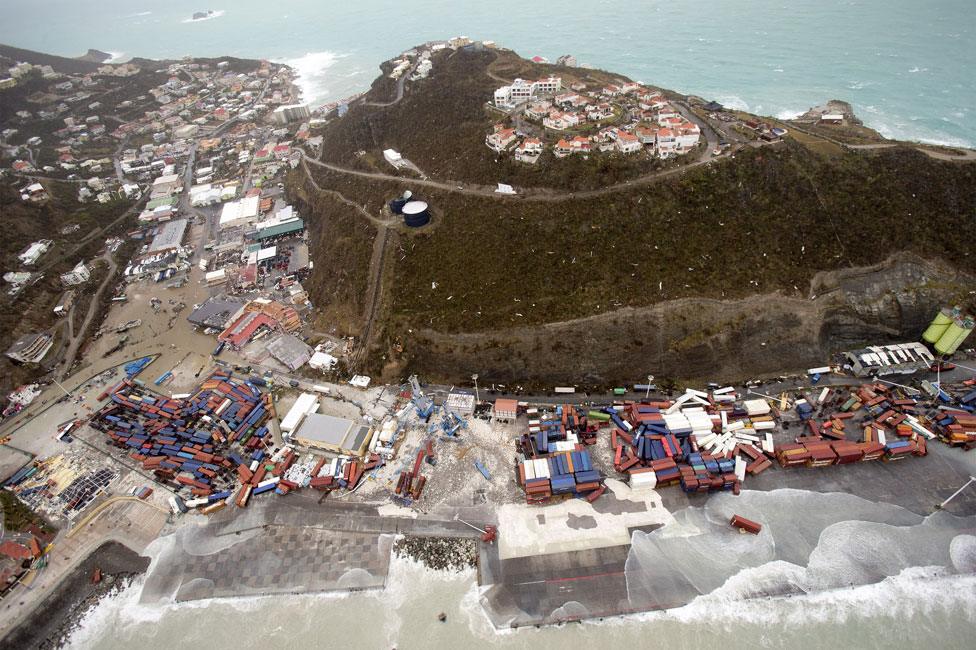 Aerial photography taken by the Dutch Department of Defensc on 6 September 2017 shows the damage of Hurricane Irma in Philipsburg