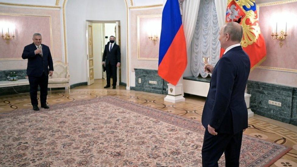 Russian President Vladimir Putin (right) and Hungarian Prime Minister Viktor Orban (left) hold glasses of champagne at the Kremlin, Moscow. Photo: 1 February 2022