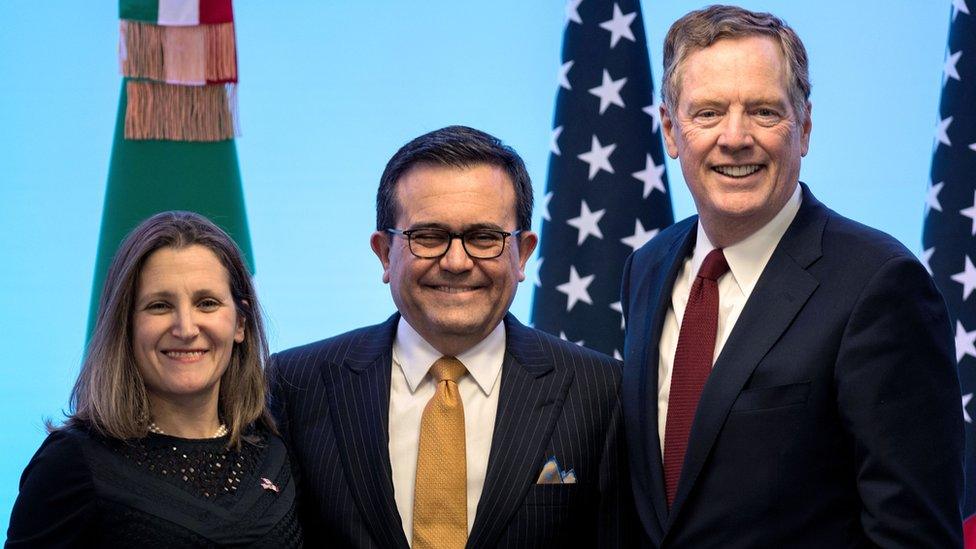 The Canadian, Mexican and US main representatives at the Nafta talks