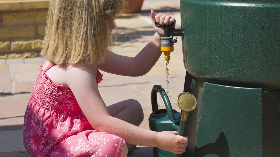 A girl fills up a watering can from a water butt