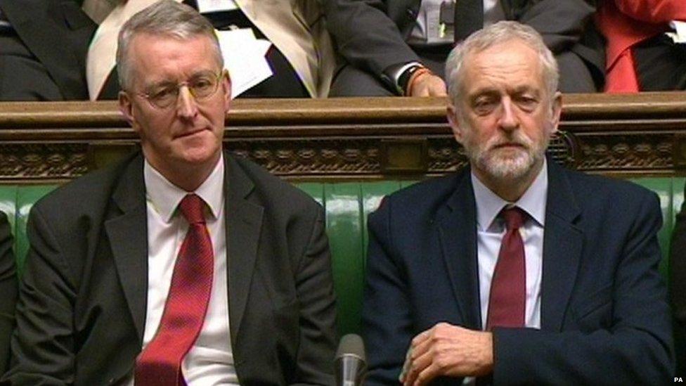 Hilary Benn sitting next to Jeremy Corbyn during David Cameron's statement on EU renegotiations