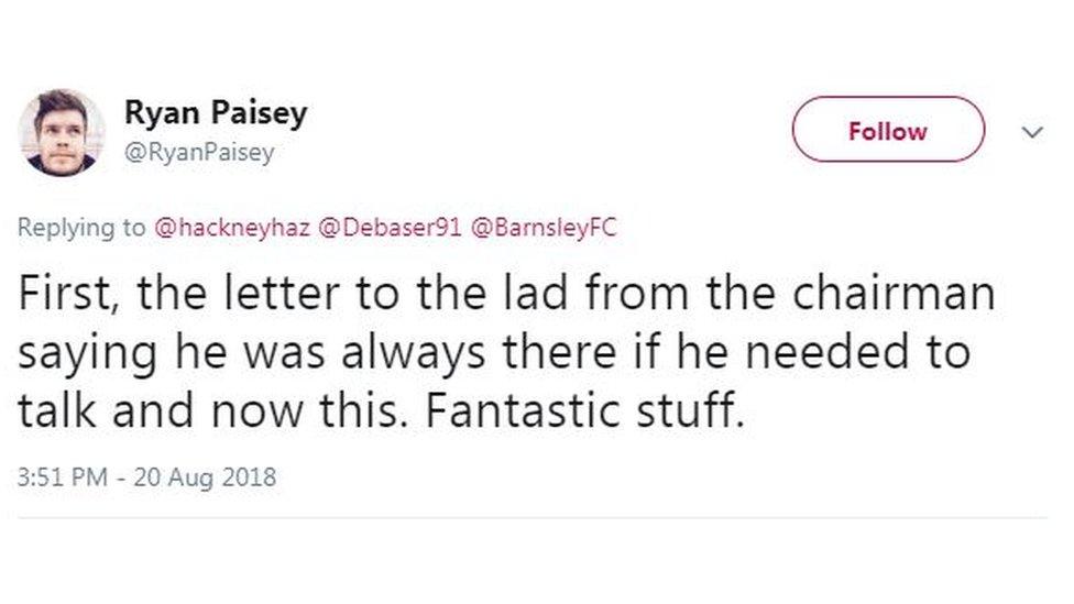 A tweet praising Barnsley FC