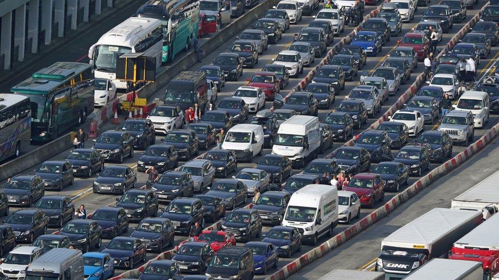 Holiday traffic queues to check-in for ferries at the Port of Dover, Kent