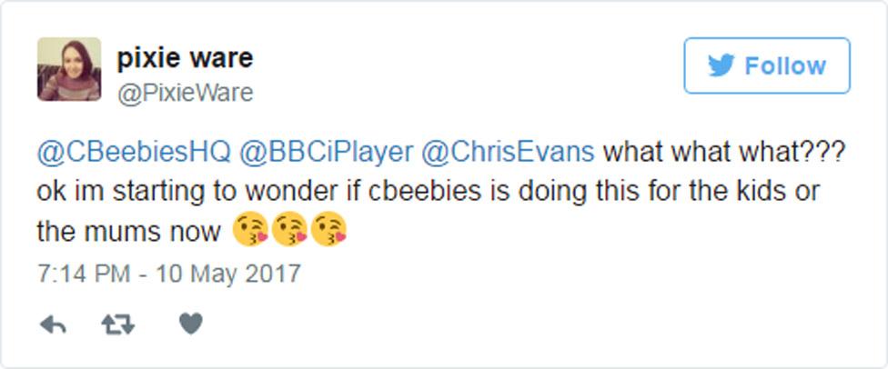 Tweet: "what what what??? ok im starting to wonder if cbeebies is doing this for the kids or the mums now 😘😘😘"