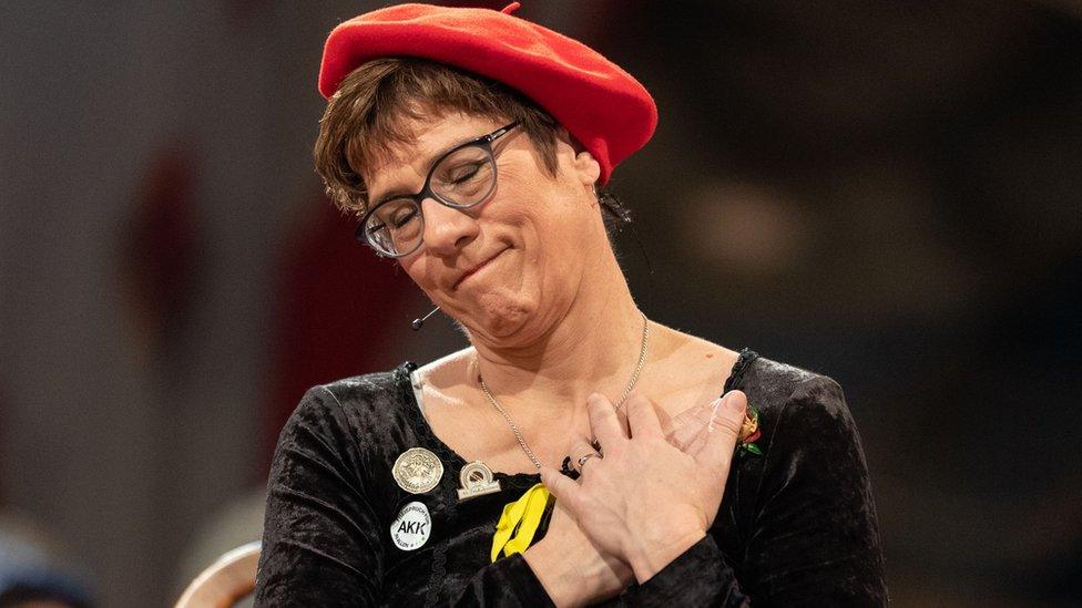 Annegret Kramp-Karrenbauer, leader of Germany's conservative Christian Democratic Union (CDU), as she performs during a carnival convention in Staufen, southern Germany