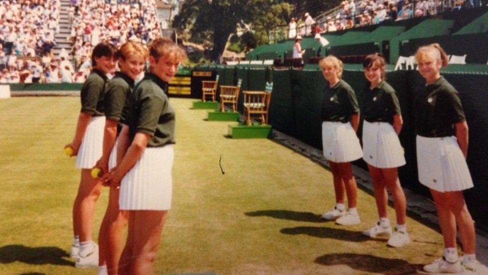 BBC reporter Libby Sutcliffe (right, centre) and other ball girls at Eastbourne in the late 1980s