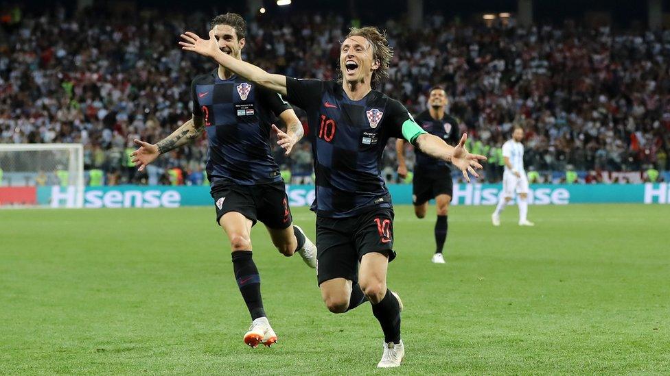 Luka Modric of Croatia celebrates after scoring his team's second goal during the World Cup Russia group D match between Argentina and Croatia at Nizhny Novgorod Stadium on June 21, 2018