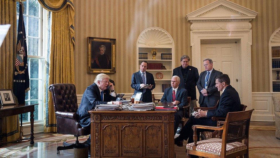 Flynn (far right) is seen during a presidential call with Russia's Vladimir Putin in 2017