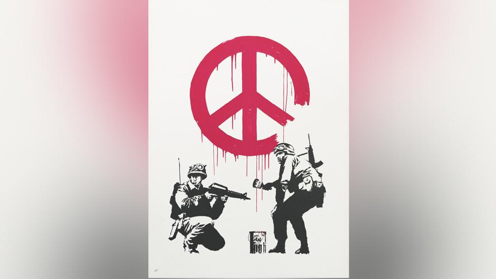 The Banksy work, featuring two soldiers painting graffiti of the Campaign for Nuclear Disarmament (CND) symbol on a wall