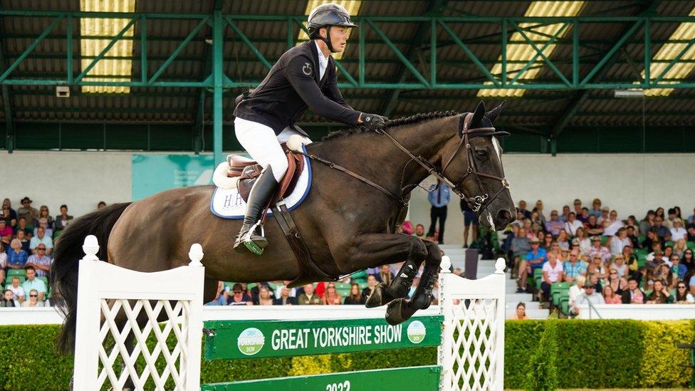 Show jumper on a horse leaping over a hurdle