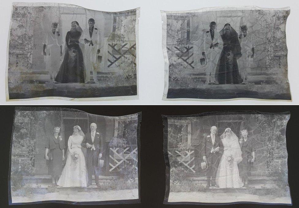 Stuck together negatives showing an unknown couple on their wedding day