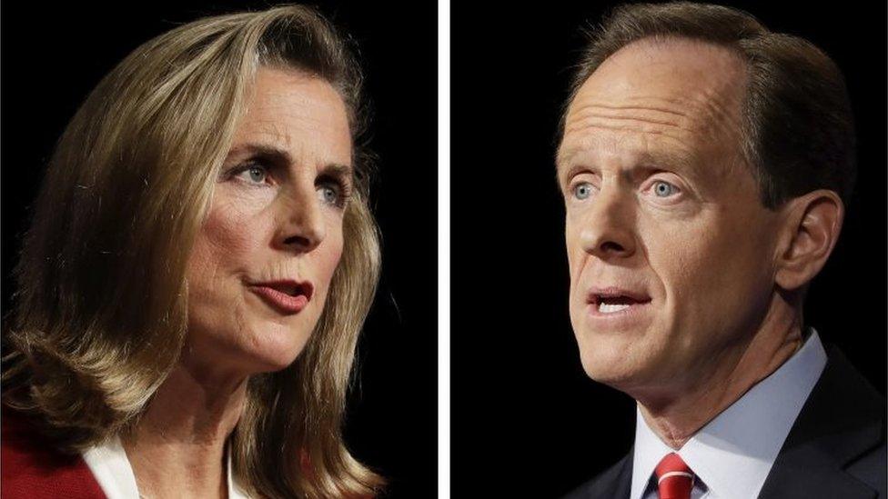 In this combination photo, Pennsylvania US Senate candidates Democrat Katie McGinty (L) and Republican Senator Pat Toomey (R) take part in a debate at Temple University in Philadelphia.