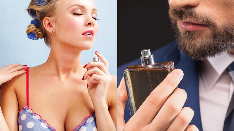 Woman and man spraying perfume