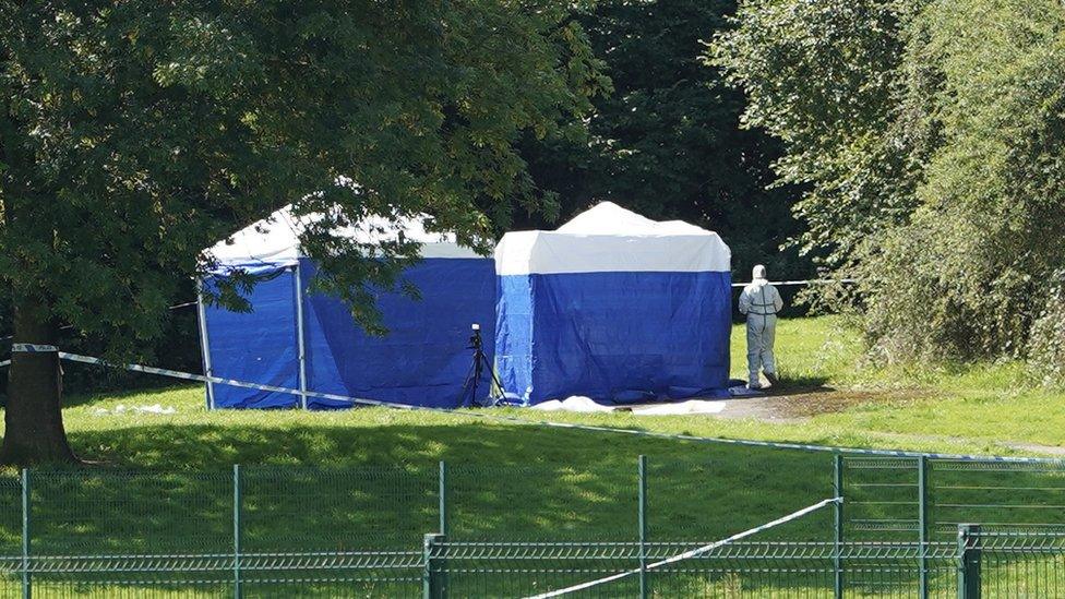 Two blue tents erected in parkland off Shortbrook Close, Sheffield