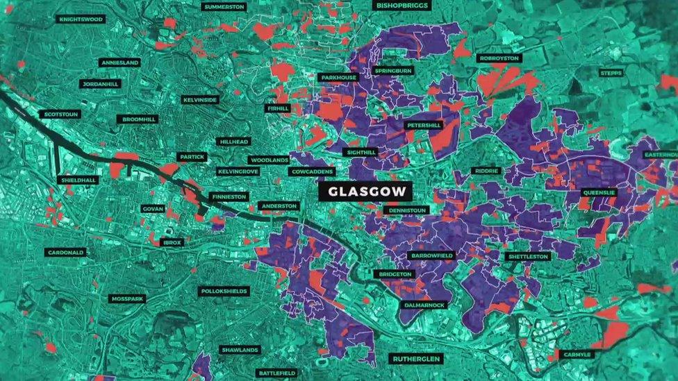 Map showing vacant and derelict land across deprived areas in Glasgow