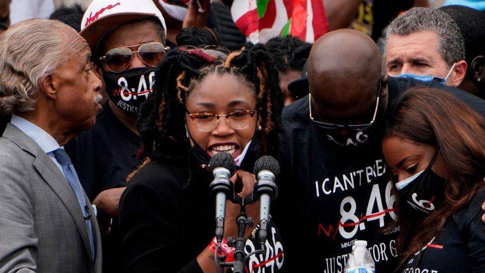 Bridgett Floyd, sister of George Floyd, speaks at the Lincoln Memorial during the protest against racism