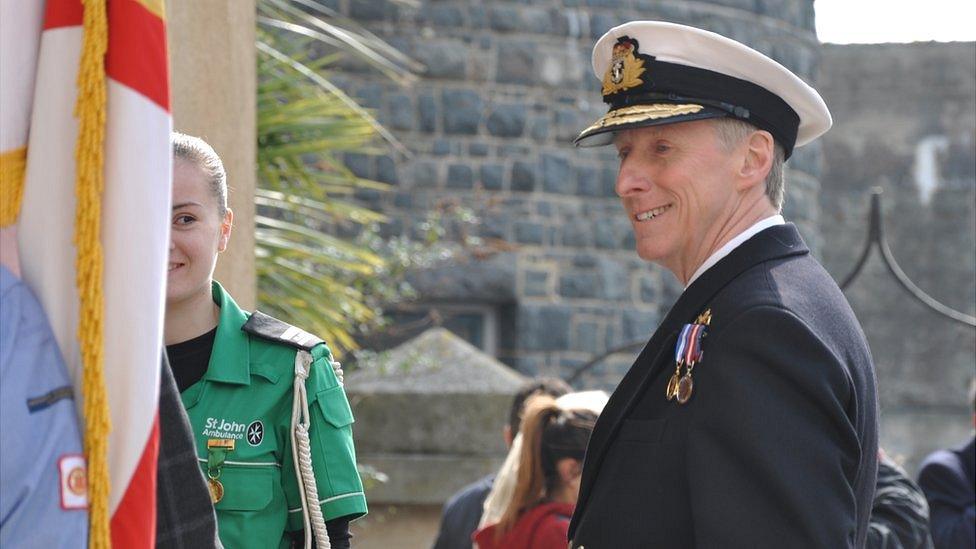 Vice Admiral Ian Corder CB and Lieutenant Governor's cadets holding colours