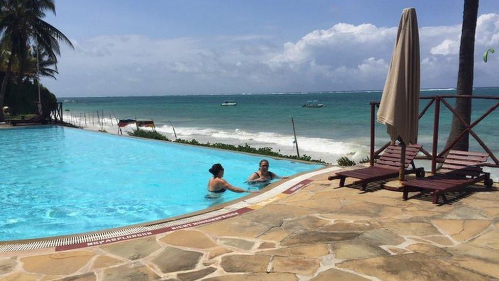 Tourists at the Voyager Beach Resort in Mombasa, Kenya