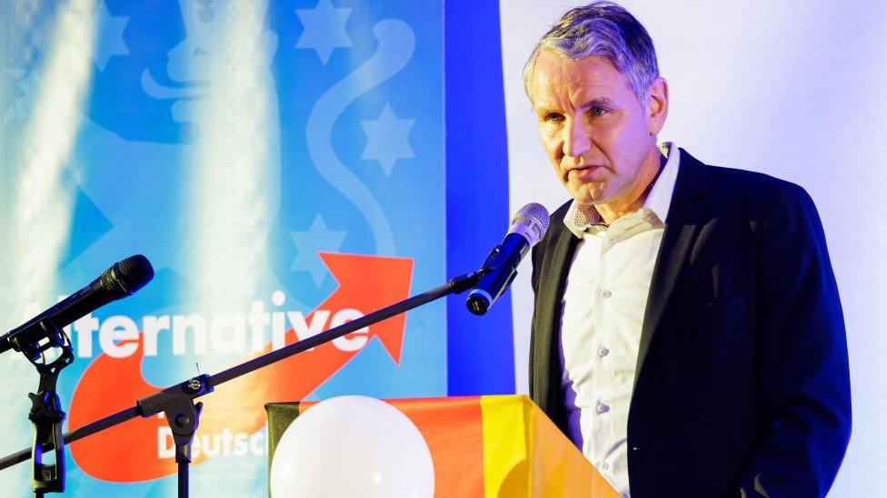 Bjoern Hoecke, leader of the far-right Alternative for Germany (AfD) political party in the state of Thuringia, speaks to party members and supporters at the traditional Ash Wednesday political gathering on February 14