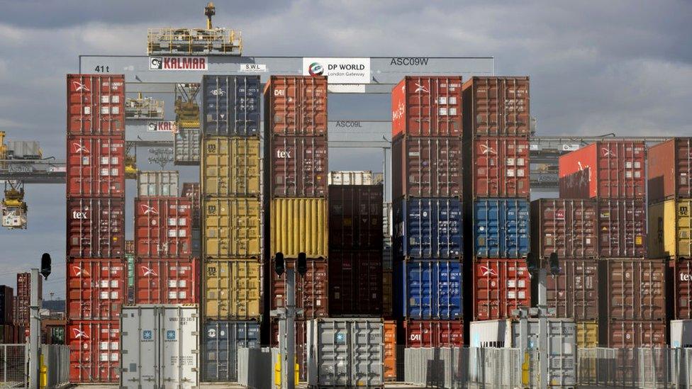 Shipping containers at DP World's London Gateway container port, Corringham, east of London on 10 April 2017