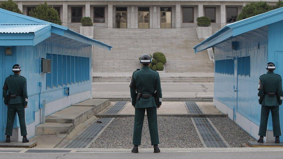 South Korean soldiers stand guard at border village of Panmunjom between South and North Korea at the Demilitarised Zone (DMZ) on April 23, 2013