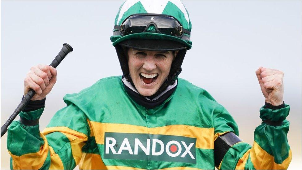 Rachael Blackmore celebrates winning the Randox Grand National