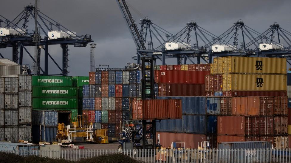 containers stacked up at Felixstowe port