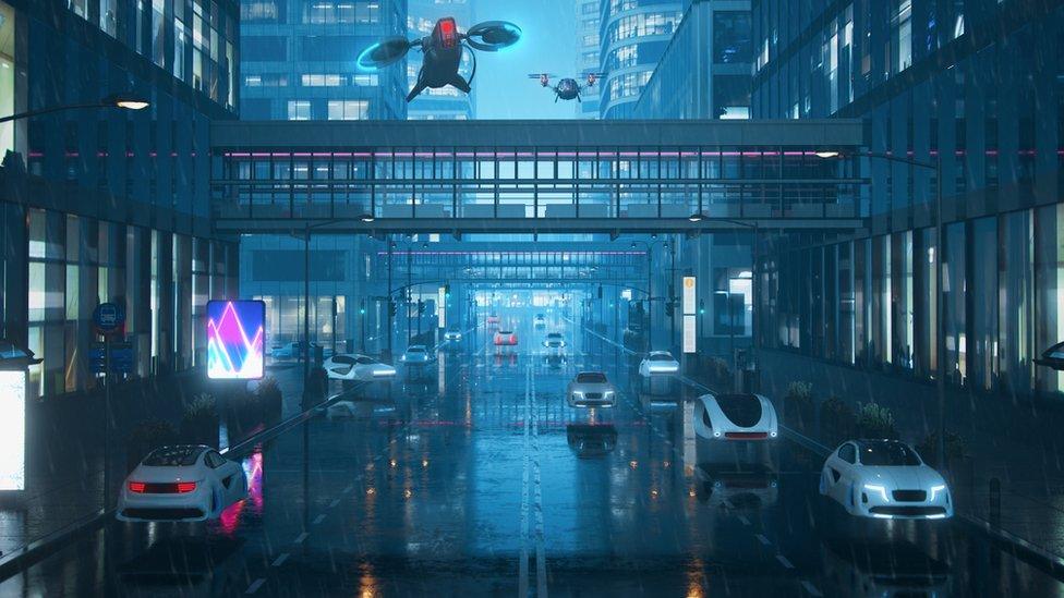 futuristic sci fi setting with hover cars