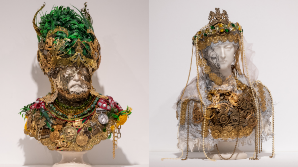 Busts decorated by Hew Locke