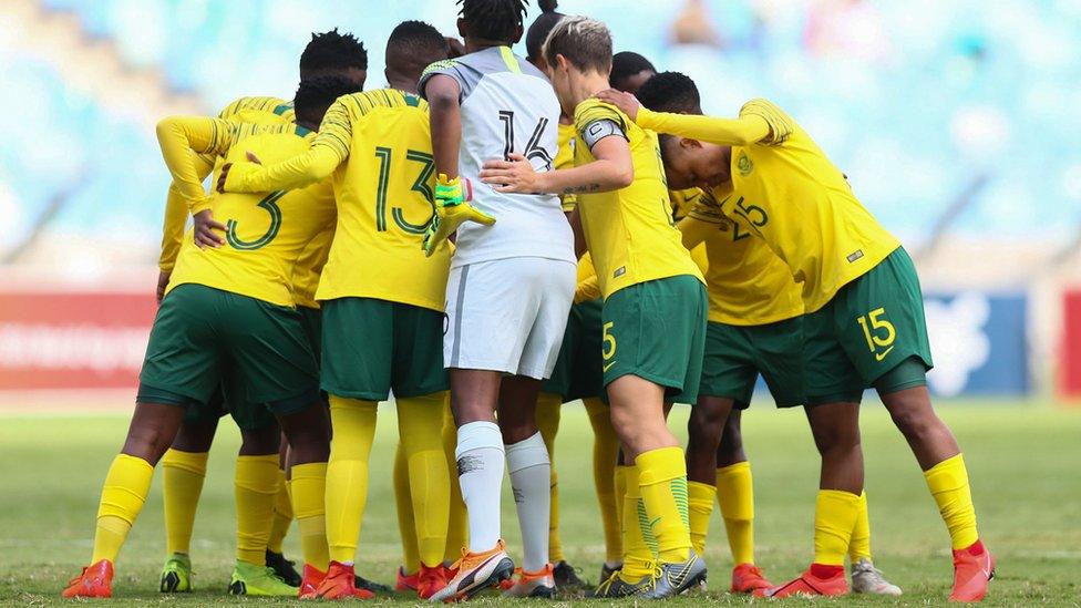 South Africa's players huddle during the Fifa international friendly football match between South Africa and Jamaica at the Moses Mabhida Stadium in Durban, South Africa on 7 April 2019