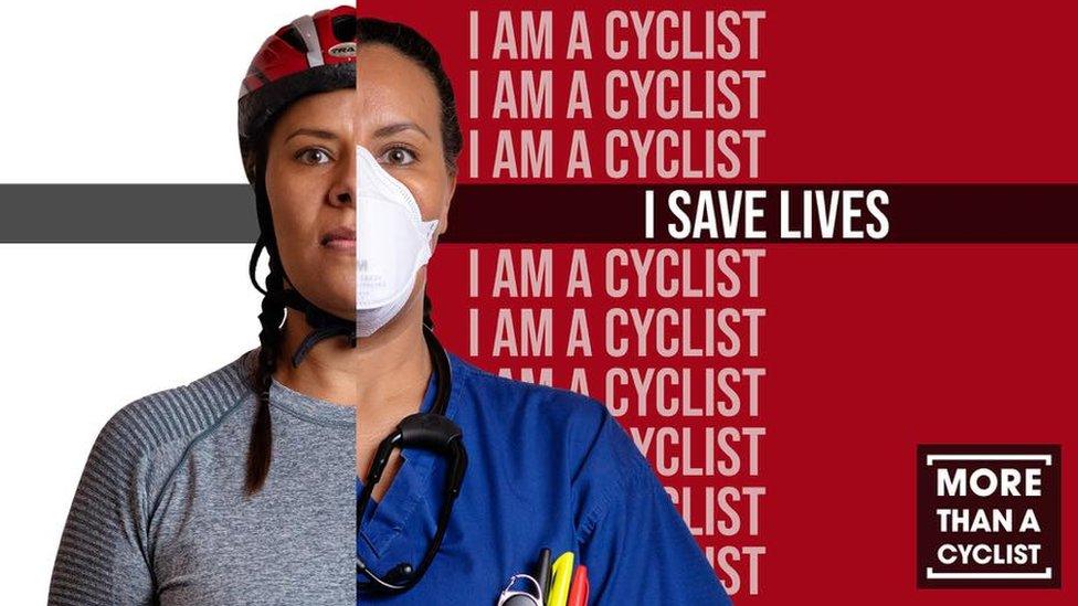 Birmingham nurse Louise pictured in her cycling gear and scrubs