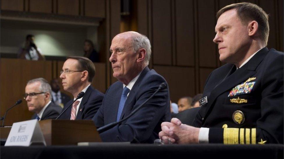 (L-R)Acting FBI Director Andrew McCabe, Deputy Attorney General Rod Rosenstein, Director of National Intelligence Dan Coats and National Security Agency (NSA) Director Michael Rogers