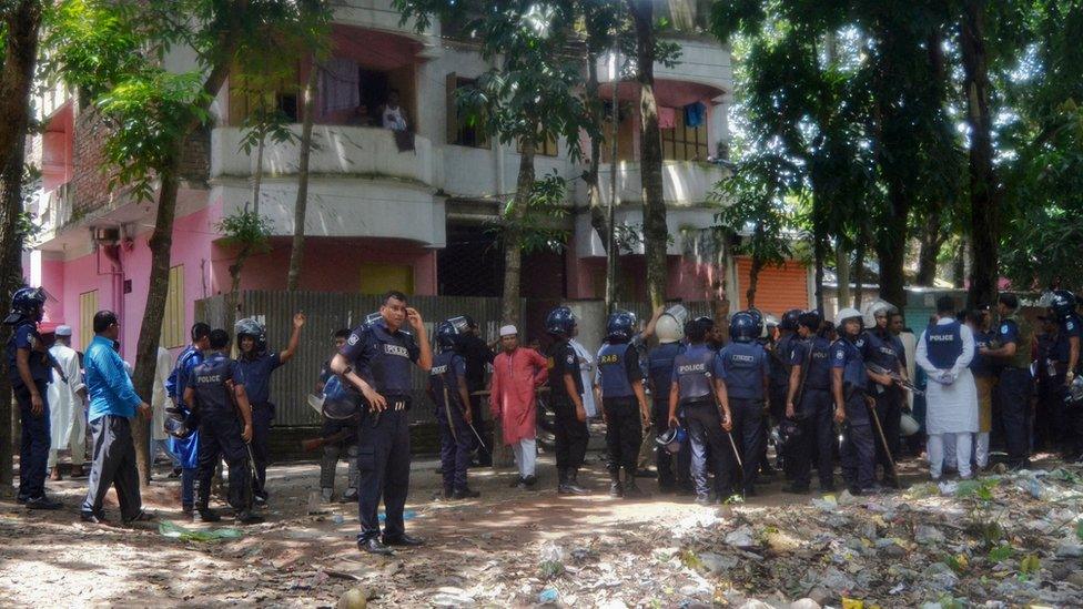 Bangladeshi policemen arrive near the scene of a blast in Kishoreganj, about 90 kilometers (60 miles) north of the capital of Dhaka, Bangladesh, Thursday, July 7, 2016