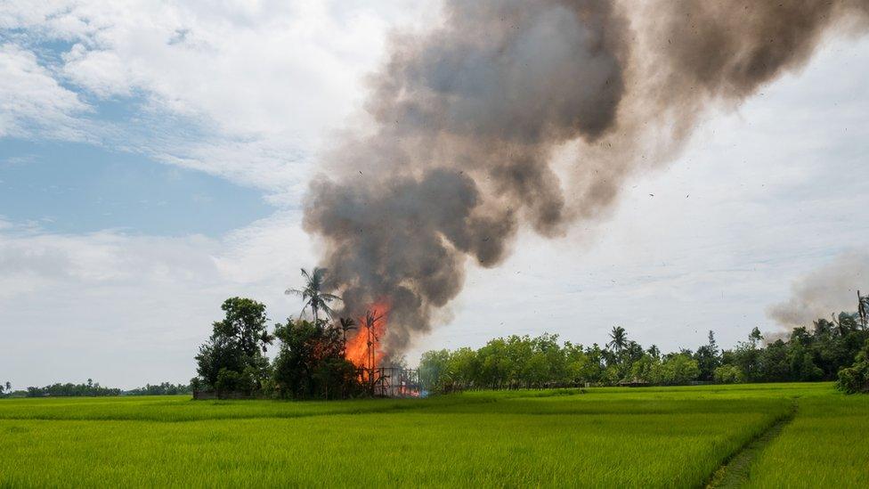 A small village in the distance, over a verdant green field, burns fiercely under a column of thick black smoke